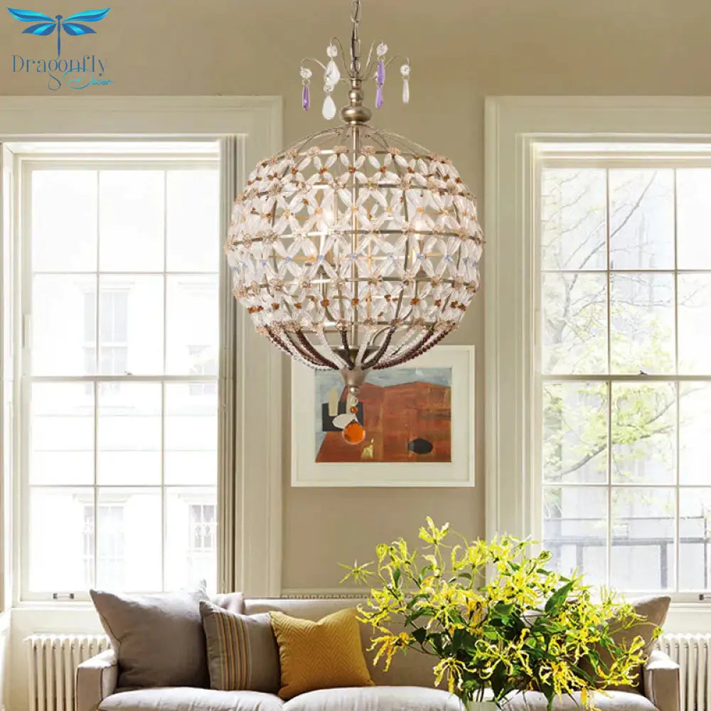 Champagne Globe Frame Chandelier Light Traditional Metal 4 Lights Dining Room Hanging With Crystal
