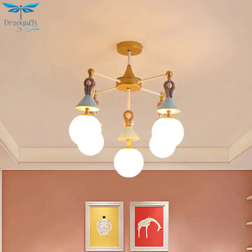 Child Bedroom Little Girls Chandelier With Globe Shade Wood 5 Lights Kids Pendant Light