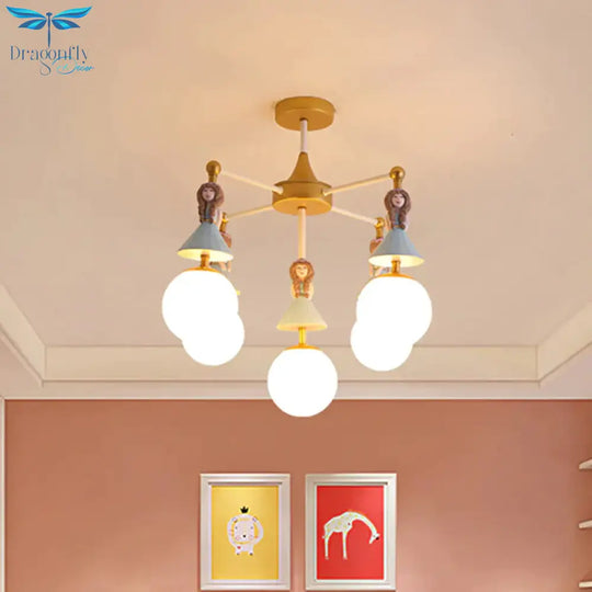 Child Bedroom Little Girls Chandelier With Globe Shade Wood 5 Lights Kids Pendant Light