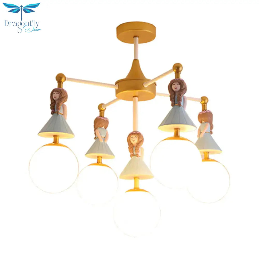 Child Bedroom Little Girls Chandelier With Globe Shade Wood 5 Lights Kids Pendant Light