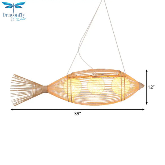 Chinese Fish Shaped Pendant Lamp Bamboo 3 Lights Bistro Chandelier With Ball Shade Inside In Wood