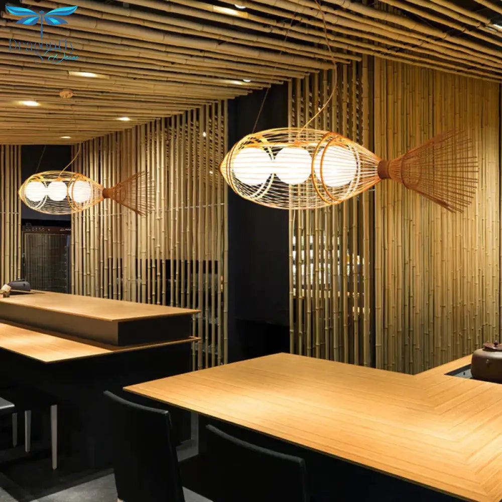 Chinese Fish Shaped Pendant Lamp Bamboo 3 Lights Bistro Chandelier With Ball Shade Inside In Wood
