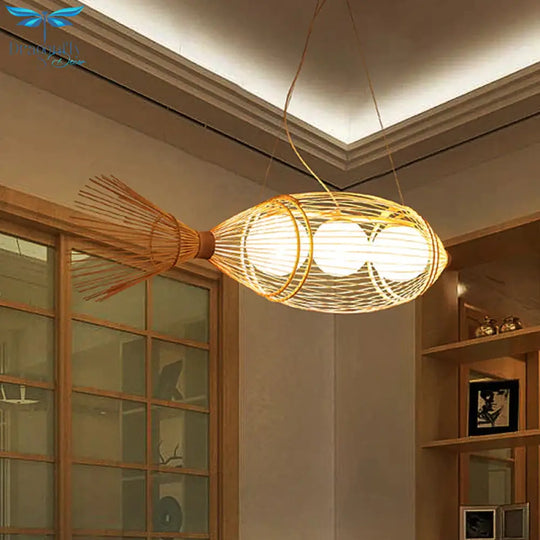 Chinese Fish Shaped Pendant Lamp Bamboo 3 Lights Bistro Chandelier With Ball Shade Inside In Wood