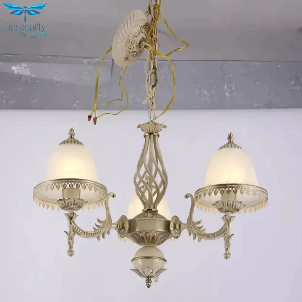 Classic Bell Shaped Pendant Lighting 3 - Head Opaline Glass Chandelier In White For Living Room