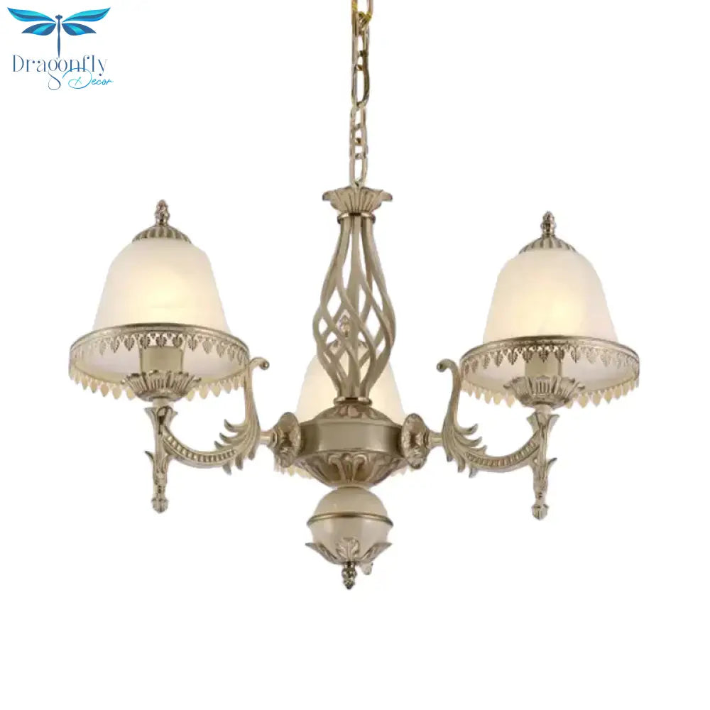 Classic Bell Shaped Pendant Lighting 3 - Head Opaline Glass Chandelier In White For Living Room