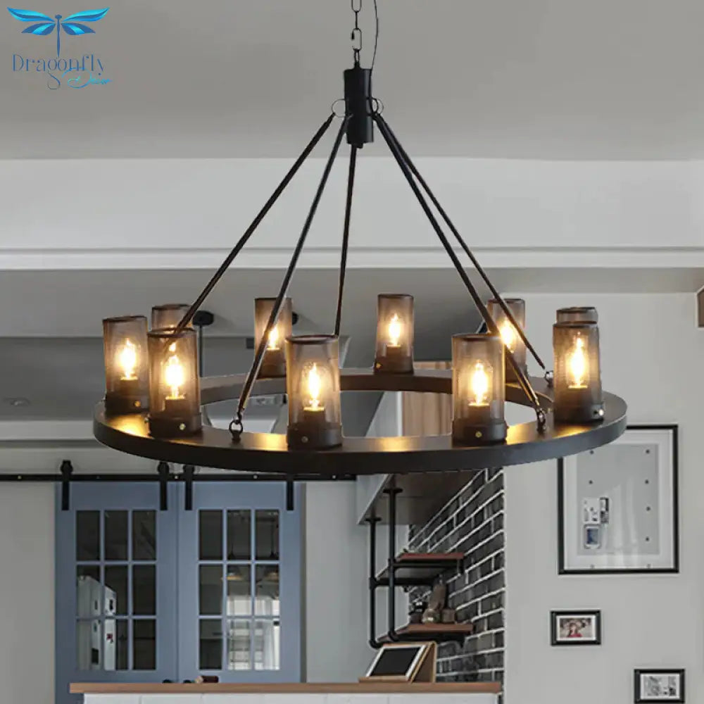 Classic Black Cylindrical Metal Ceiling Pendant With 10 Lights For Living Room