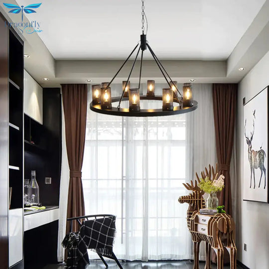 Classic Black Cylindrical Metal Ceiling Pendant With 10 Lights For Living Room