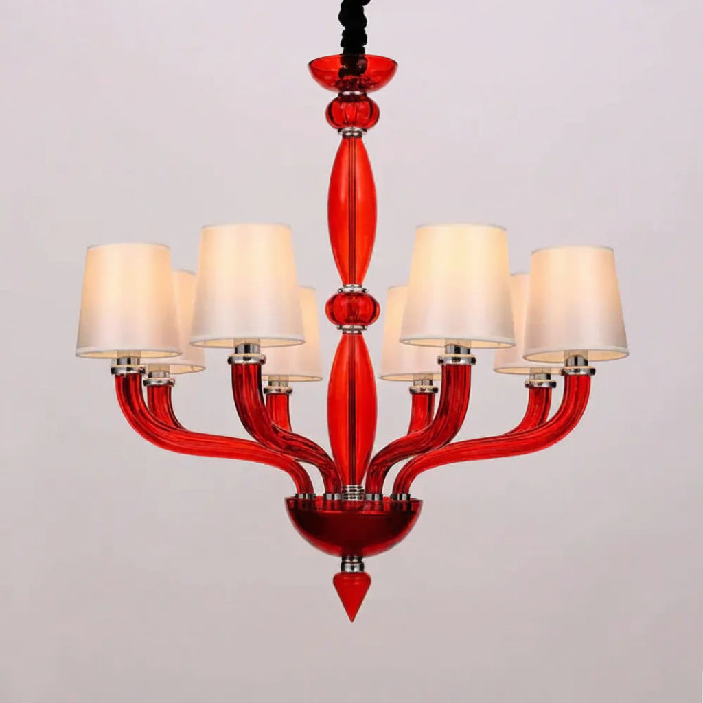 Classic Chandelier With 12 Bulbs In White/Red/Blue Glass Hanging Pendant Light Cone Fabric Shade