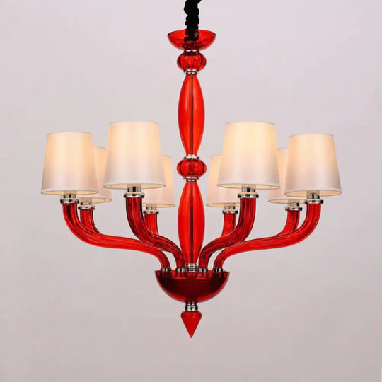 Classic Chandelier With 12 Bulbs In White/Red/Blue Glass Hanging Pendant Light Cone Fabric Shade