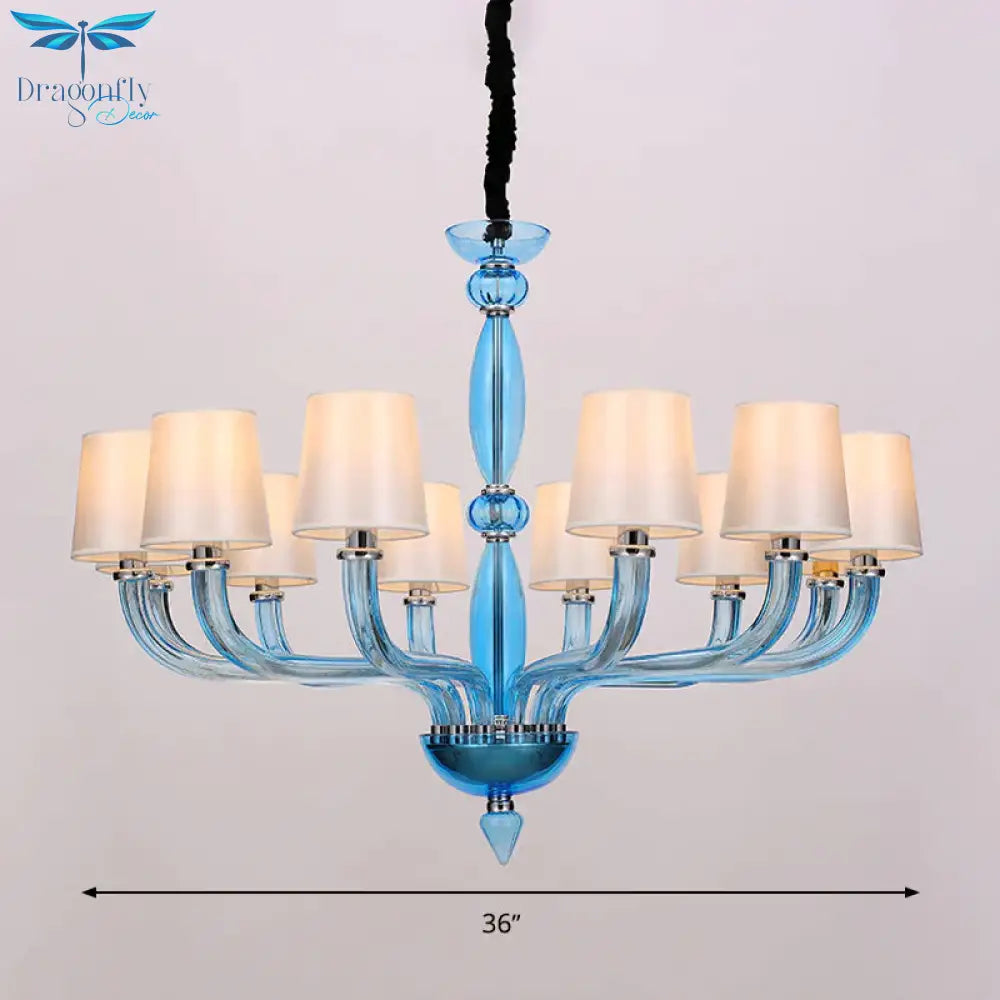 Classic Chandelier With 12 Bulbs In White/Red/Blue Glass Hanging Pendant Light Cone Fabric Shade