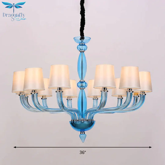 Classic Chandelier With 12 Bulbs In White/Red/Blue Glass Hanging Pendant Light Cone Fabric Shade