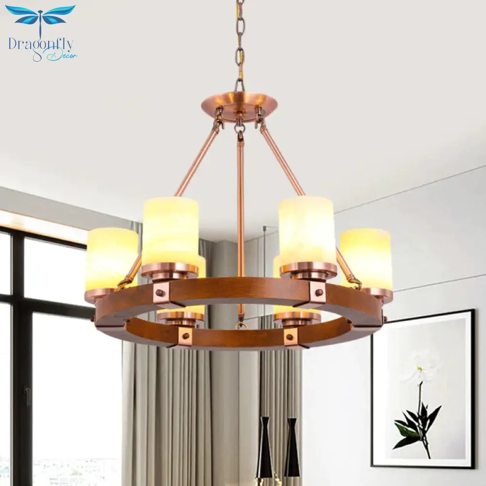 Classic Cylinder Chandelier Light 6/8/10 Heads Marble Ceiling Pendant In Brown With Wood Circular