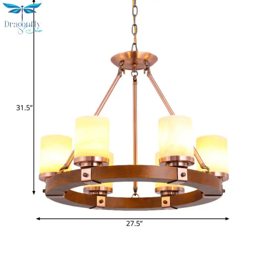 Classic Cylinder Chandelier Light 6/8/10 Heads Marble Ceiling Pendant In Brown With Wood Circular