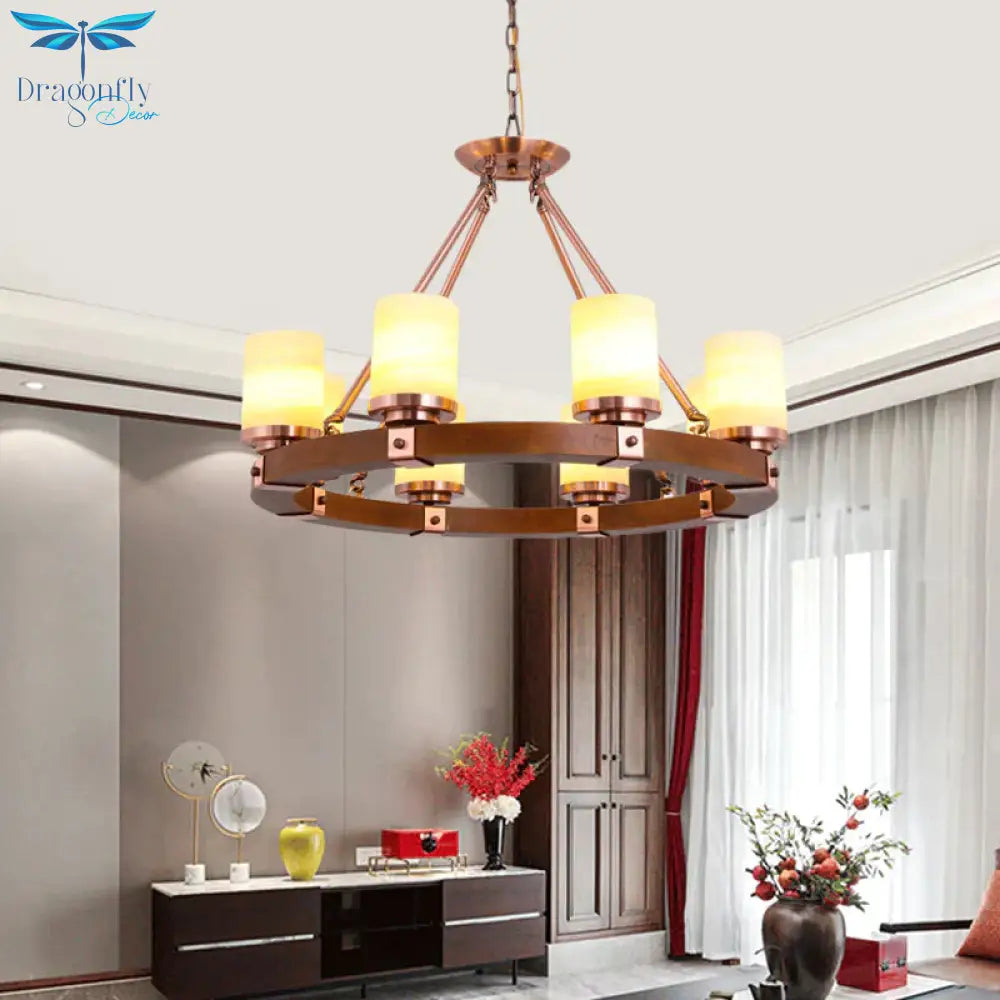 Classic Cylinder Chandelier Light 6/8/10 Heads Marble Ceiling Pendant In Brown With Wood Circular