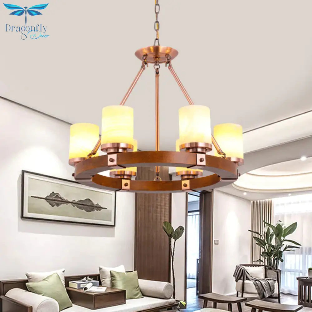 Classic Cylinder Chandelier Light 6/8/10 Heads Marble Ceiling Pendant In Brown With Wood Circular