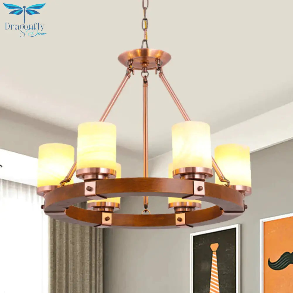 Classic Cylinder Chandelier Light 6/8/10 Heads Marble Ceiling Pendant In Brown With Wood Circular