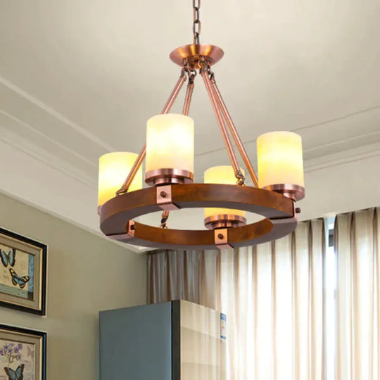 Classic Cylinder Chandelier Light 6/8/10 Heads Marble Ceiling Pendant In Brown With Wood Circular