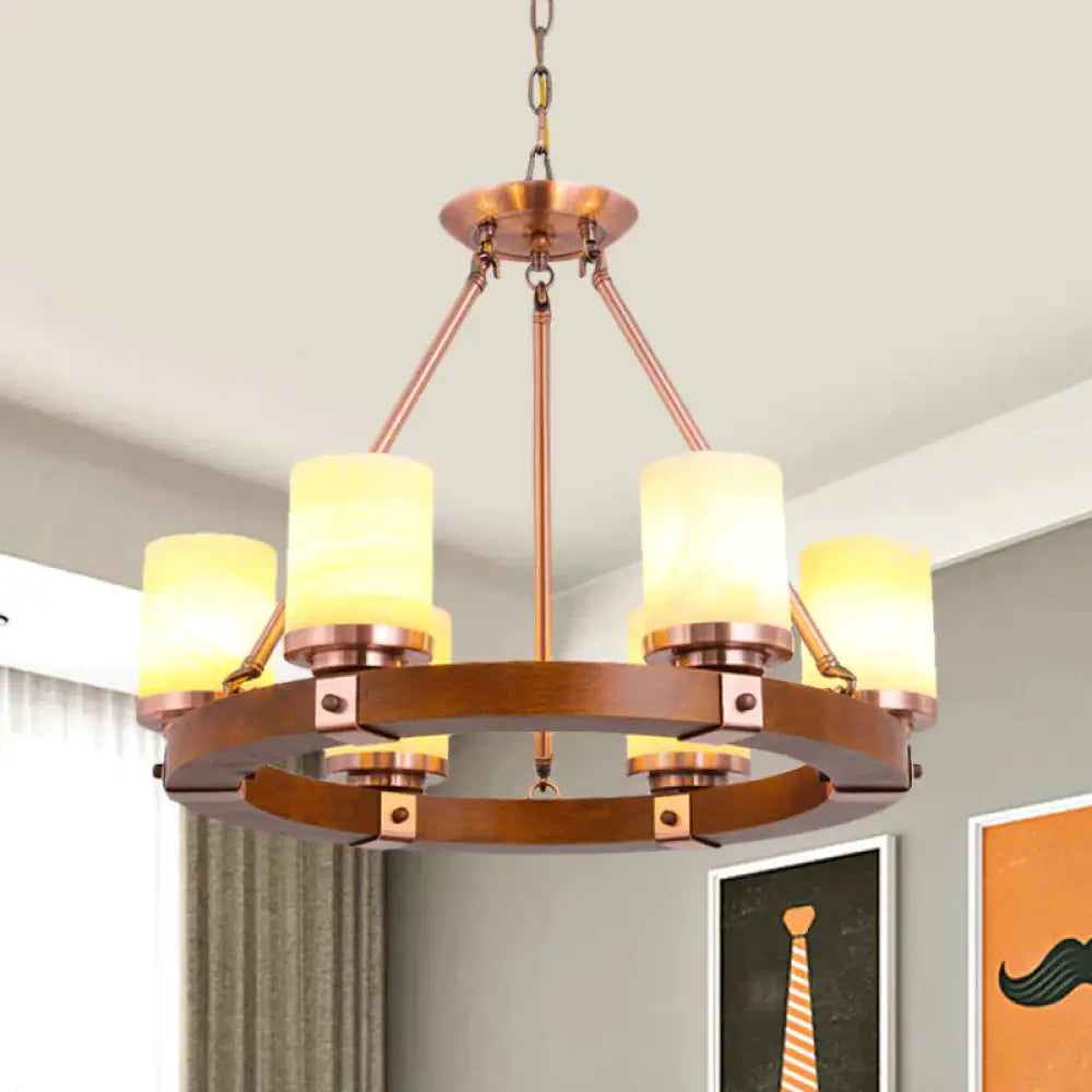Classic Cylinder Chandelier Light 6/8/10 Heads Marble Ceiling Pendant In Brown With Wood Circular