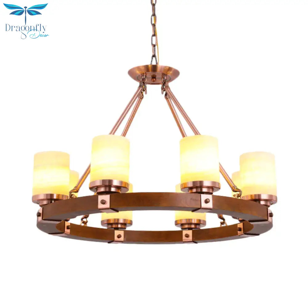 Classic Cylinder Chandelier Light 6/8/10 Heads Marble Ceiling Pendant In Brown With Wood Circular