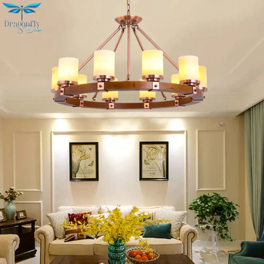 Classic Cylinder Chandelier Light 6/8/10 Heads Marble Ceiling Pendant In Brown With Wood Circular