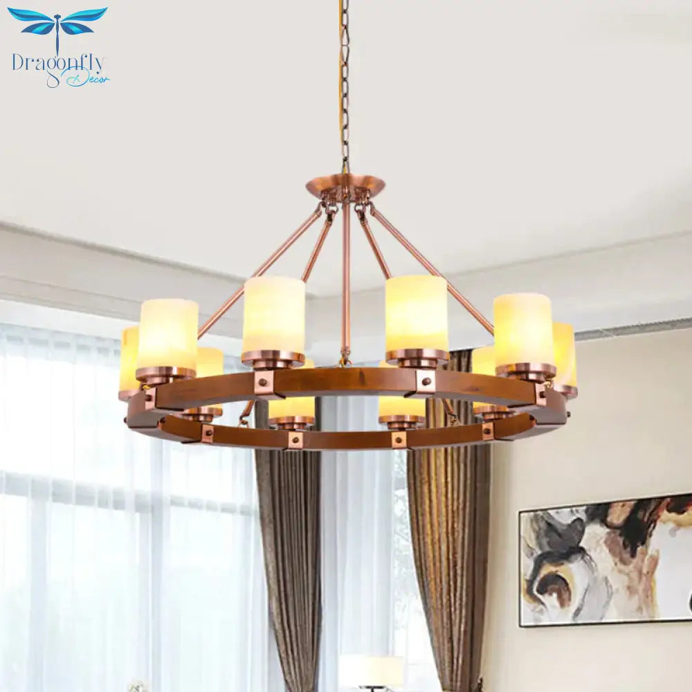 Classic Cylinder Chandelier Light 6/8/10 Heads Marble Ceiling Pendant In Brown With Wood Circular
