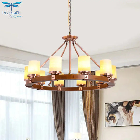 Classic Cylinder Chandelier Light 6/8/10 Heads Marble Ceiling Pendant In Brown With Wood Circular