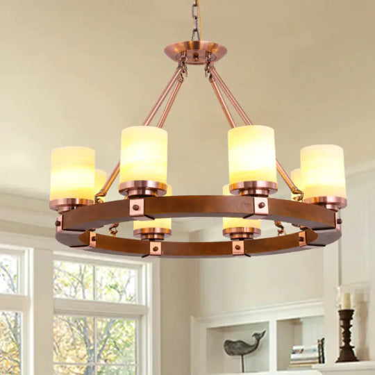 Classic Cylinder Chandelier Light 6/8/10 Heads Marble Ceiling Pendant In Brown With Wood Circular