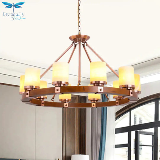 Classic Cylinder Chandelier Light 6/8/10 Heads Marble Ceiling Pendant In Brown With Wood Circular