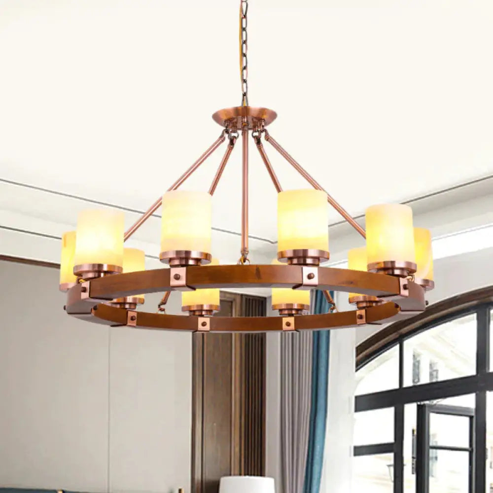 Classic Cylinder Chandelier Light 6/8/10 Heads Marble Ceiling Pendant In Brown With Wood Circular