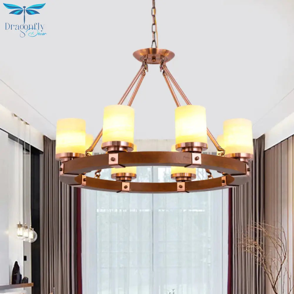 Classic Cylinder Chandelier Light 6/8/10 Heads Marble Ceiling Pendant In Brown With Wood Circular