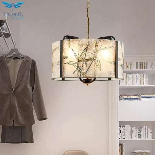 Classic Drum Suspension Pendant 4 Lights White Glass Pendulum Light For Living Room