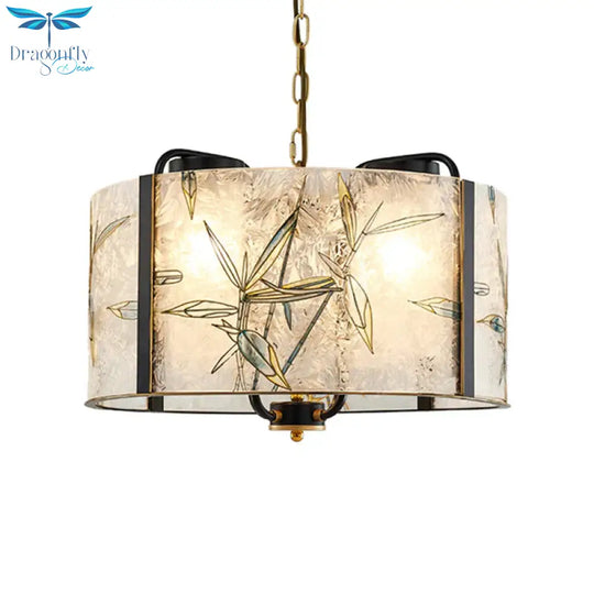 Classic Drum Suspension Pendant 4 Lights White Glass Pendulum Light For Living Room