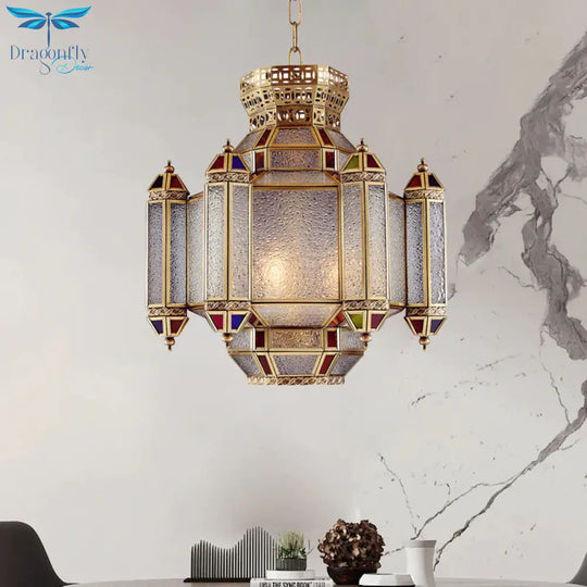 Classic Lantern Pendant Light 4 - Head Frosted Glass Chandelier Lighting Fixture In Brass For