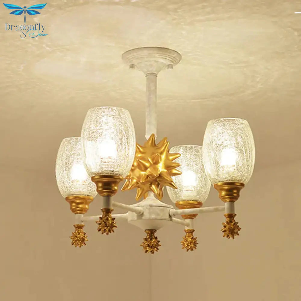 Clear Crackle Glass Cup - Like Pendant Coastal 4 - Bulb Gold/Dark Blue Chandelier Lighting With Sea