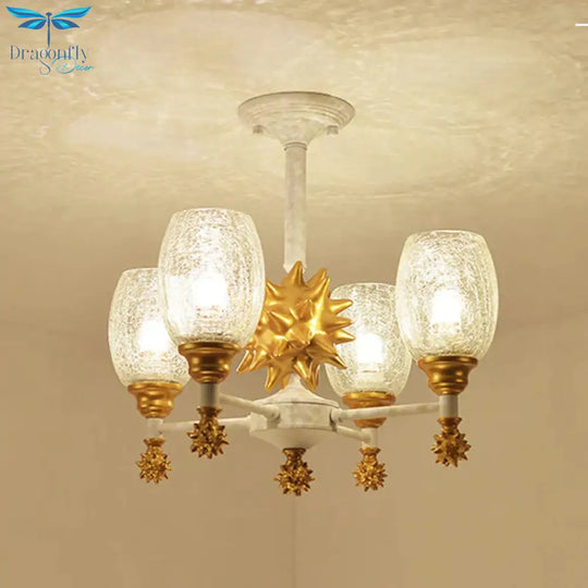 Clear Crackle Glass Cup - Like Pendant Coastal 4 - Bulb Gold/Dark Blue Chandelier Lighting With Sea