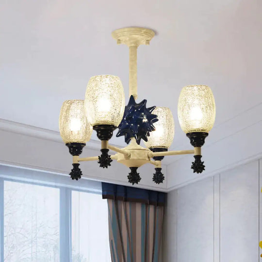 Clear Crackle Glass Cup - Like Pendant Coastal 4 - Bulb Gold/Dark Blue Chandelier Lighting With Sea