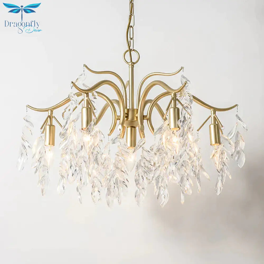 Clear Crystal Curvy Pendant Chandelier Rural 4/7/9 Lights Living Room Hanging Ceiling Light In Brass