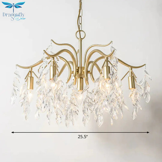 Clear Crystal Curvy Pendant Chandelier Rural 4/7/9 Lights Living Room Hanging Ceiling Light In Brass