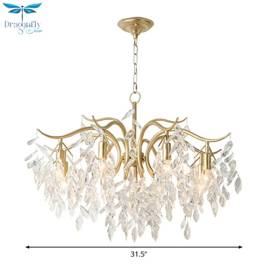 Clear Crystal Curvy Pendant Chandelier Rural 4/7/9 Lights Living Room Hanging Ceiling Light In Brass