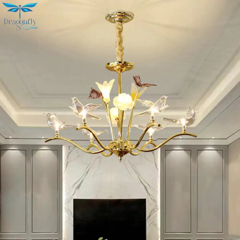 Clear Crystal Flower Hanging Light Kit Postmodern 6 Heads Living Room Ceiling Chandelier In Gold