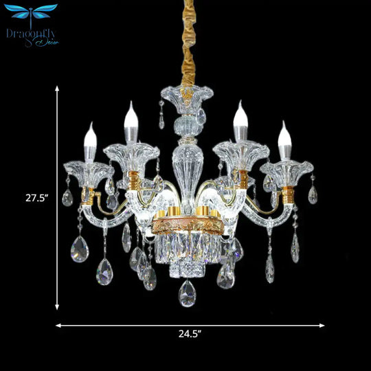 Clear Crystal Gold Suspension Lamp Candlestick 6 Heads Traditional Chandelier Lighting For Hall