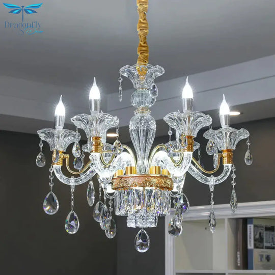 Clear Crystal Gold Suspension Lamp Candlestick 6 Heads Traditional Chandelier Lighting For Hall