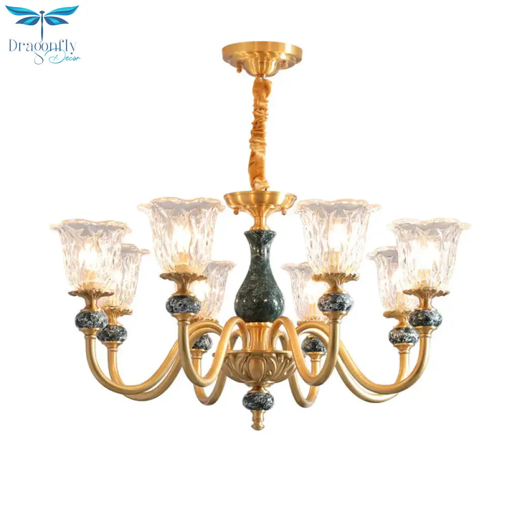 Clear Glass Bloom Hanging Light Antique 3/8 Heads Dining Room Chandelier Lighting In Gold