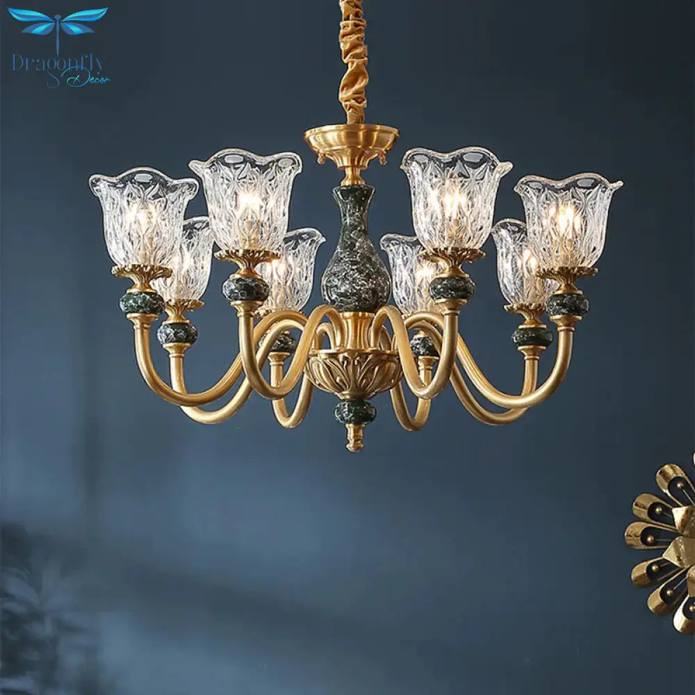 Clear Glass Bloom Hanging Light Antique 3/8 Heads Dining Room Chandelier Lighting In Gold
