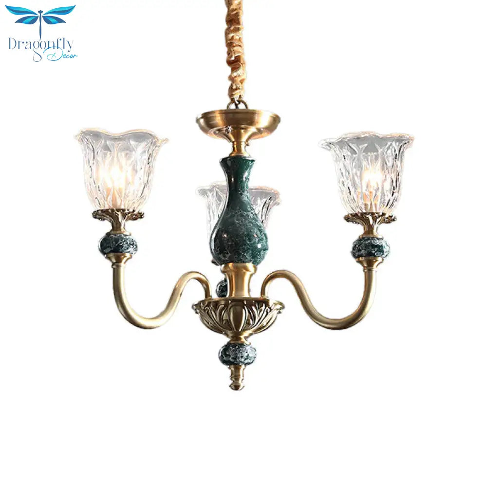 Clear Glass Bloom Hanging Light Antique 3/8 Heads Dining Room Chandelier Lighting In Gold