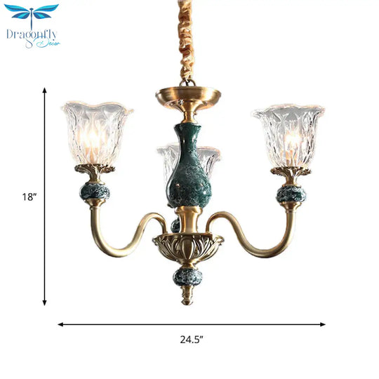 Clear Glass Bloom Hanging Light Antique 3/8 Heads Dining Room Chandelier Lighting In Gold