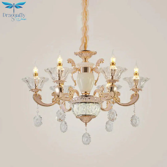 Clear Glass Candle Chandelier Traditional 6/8 Heads Bedroom Hanging Light In Gold With Crystal