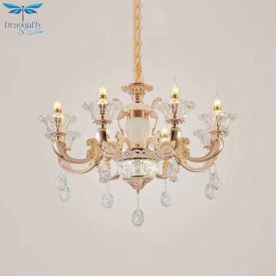 Clear Glass Candle Chandelier Traditional 6/8 Heads Bedroom Hanging Light In Gold With Crystal