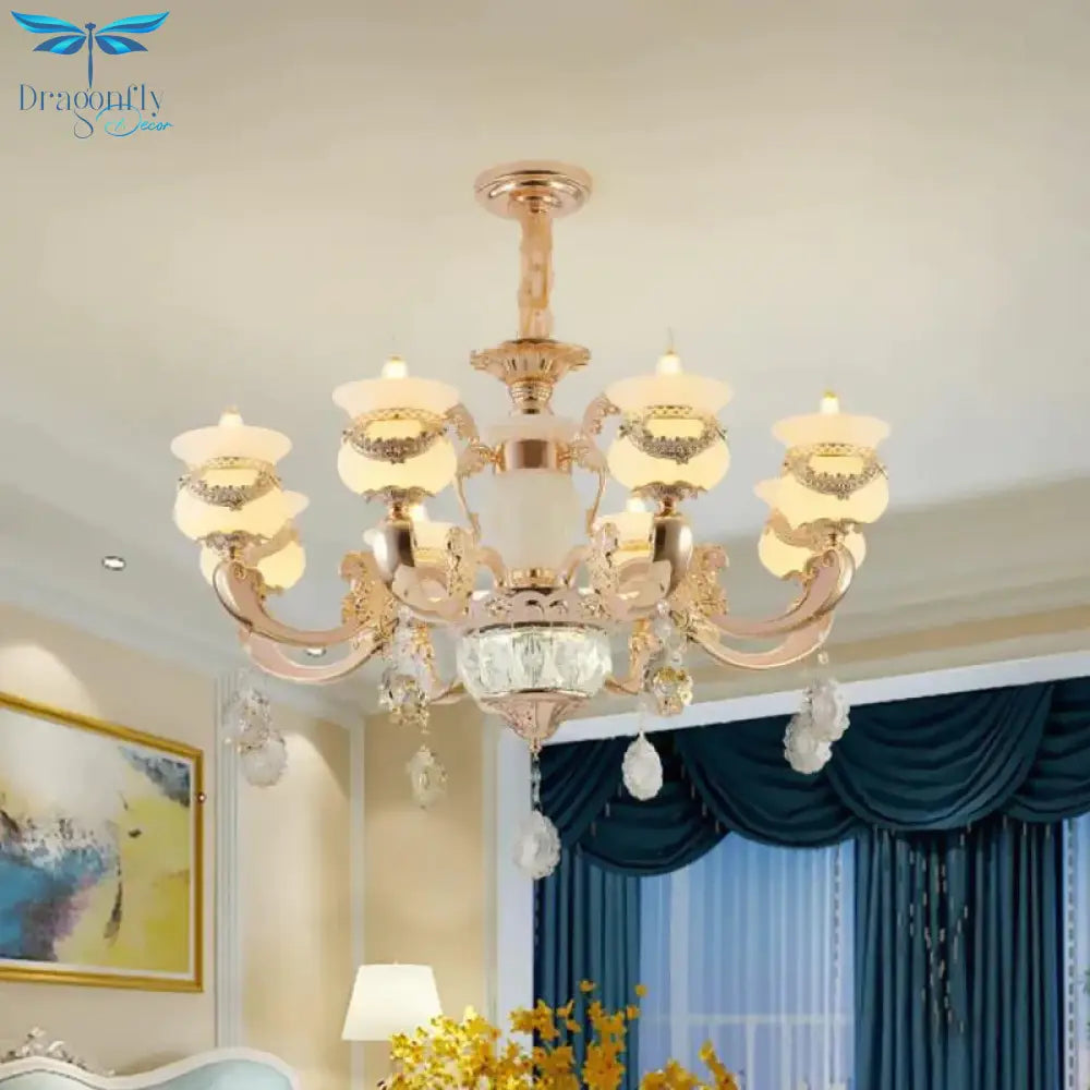 Clear Glass Candle Chandelier Traditional 6/8 Heads Bedroom Hanging Light In Gold With Crystal