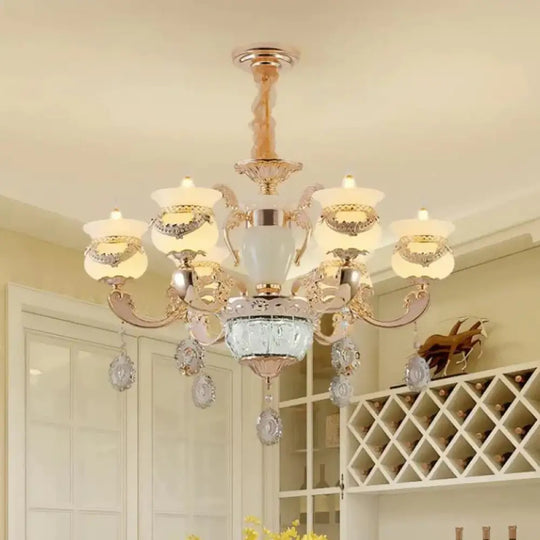 Clear Glass Candle Chandelier Traditional 6/8 Heads Bedroom Hanging Light In Gold With Crystal